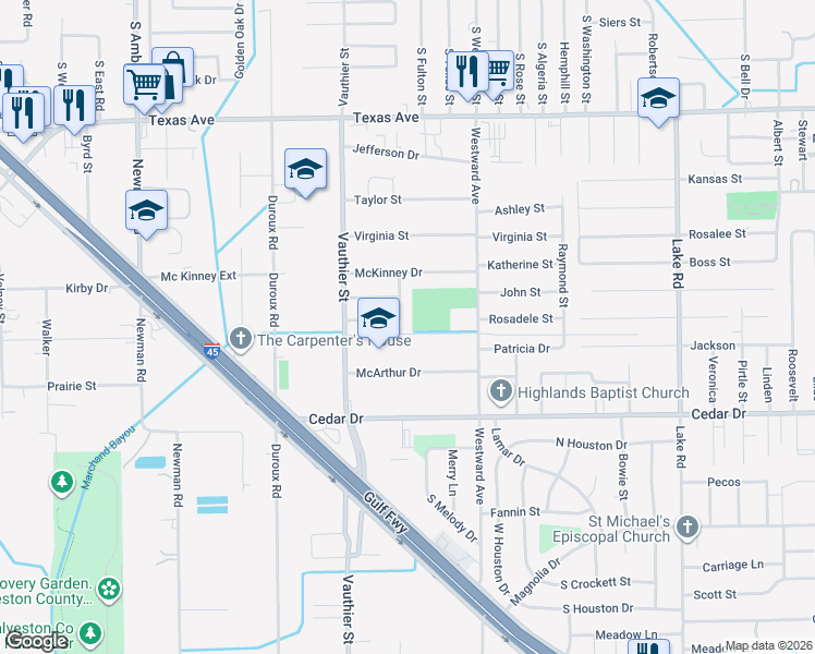 map of restaurants, bars, coffee shops, grocery stores, and more near 923 Kenneth Street in La Marque