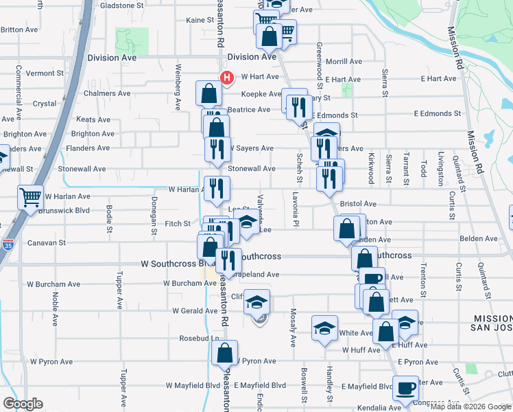 map of restaurants, bars, coffee shops, grocery stores, and more near 203 Valverde in San Antonio