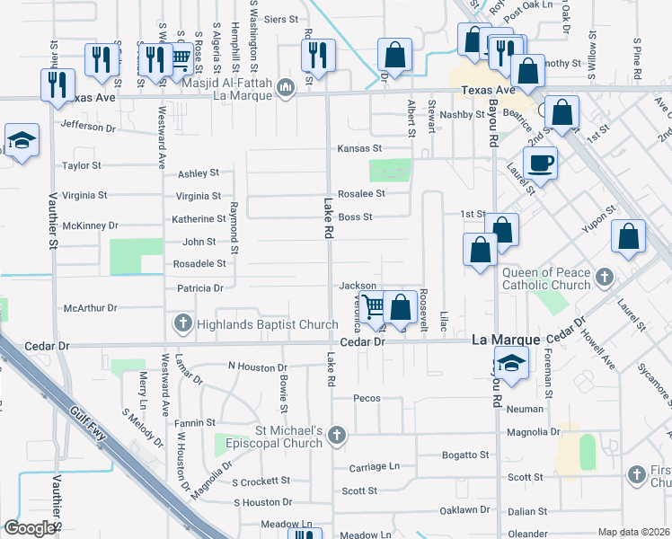map of restaurants, bars, coffee shops, grocery stores, and more near 1022 Lake Road in La Marque