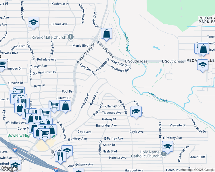 map of restaurants, bars, coffee shops, grocery stores, and more near 3514 Bob Billa Street in San Antonio