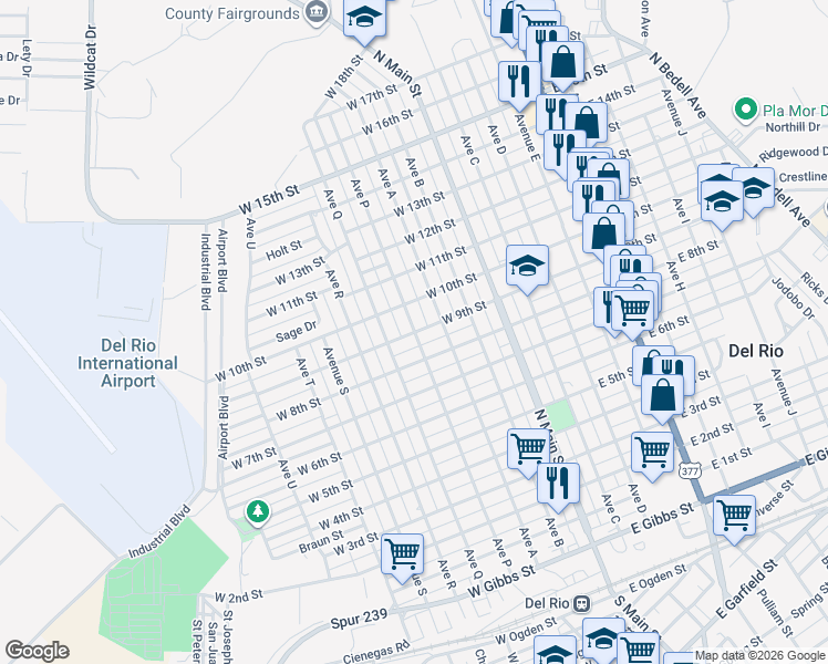 map of restaurants, bars, coffee shops, grocery stores, and more near 401 West 9th Street in Del Rio