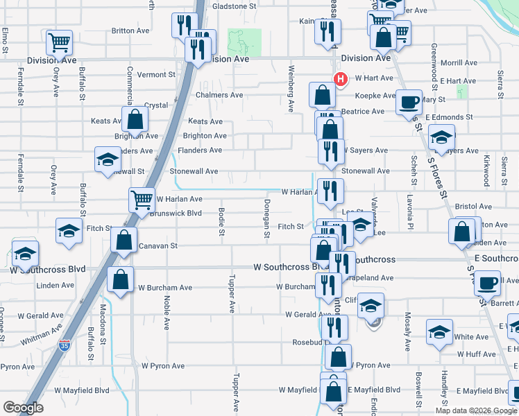 map of restaurants, bars, coffee shops, grocery stores, and more near 621 Brunswick Boulevard in San Antonio