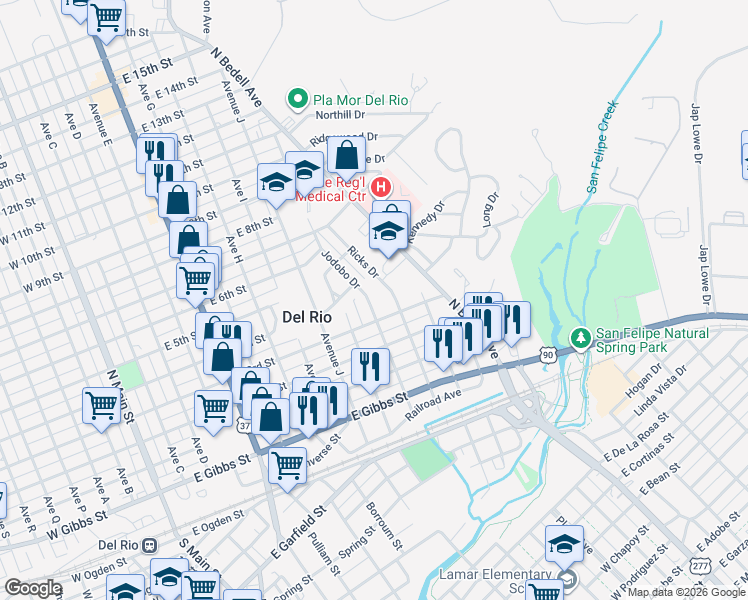 map of restaurants, bars, coffee shops, grocery stores, and more near 105 Jodobo Drive in Del Rio