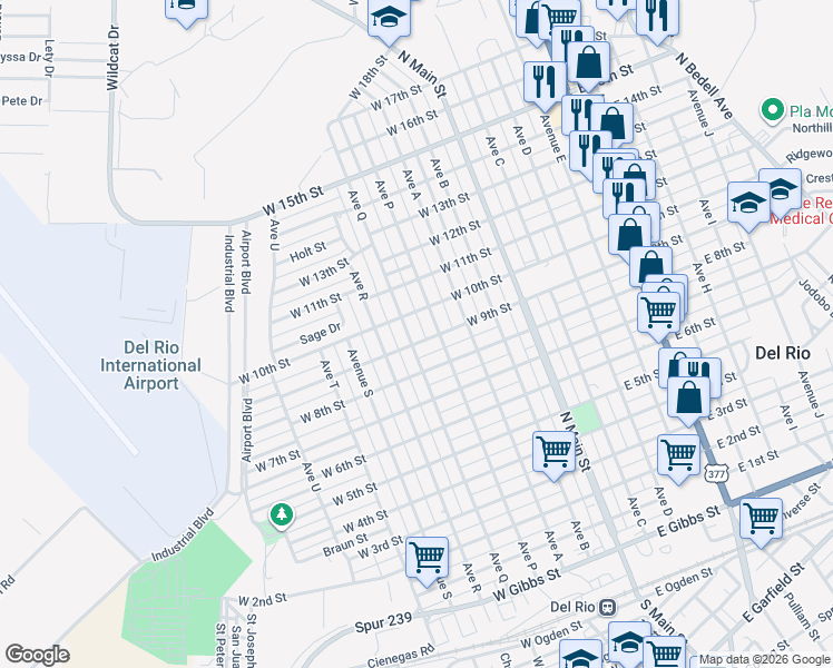 map of restaurants, bars, coffee shops, grocery stores, and more near 401-447 West 9th Street in Del Rio