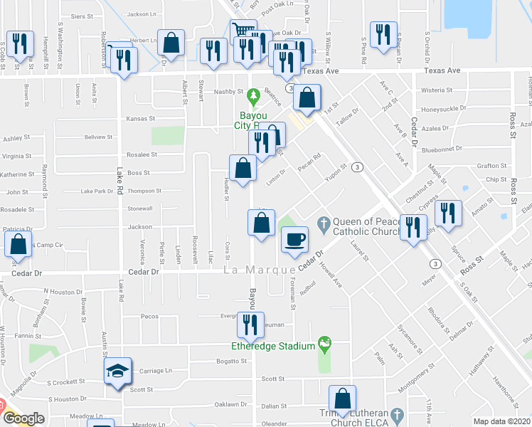 map of restaurants, bars, coffee shops, grocery stores, and more near 1006 Laura in La Marque