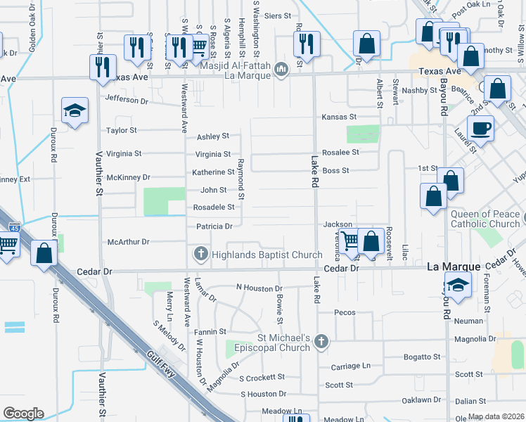 map of restaurants, bars, coffee shops, grocery stores, and more near 2617 Stonewall in La Marque