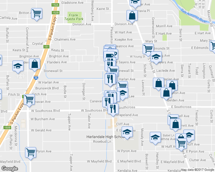 map of restaurants, bars, coffee shops, grocery stores, and more near 1219 Pleasanton Road in San Antonio