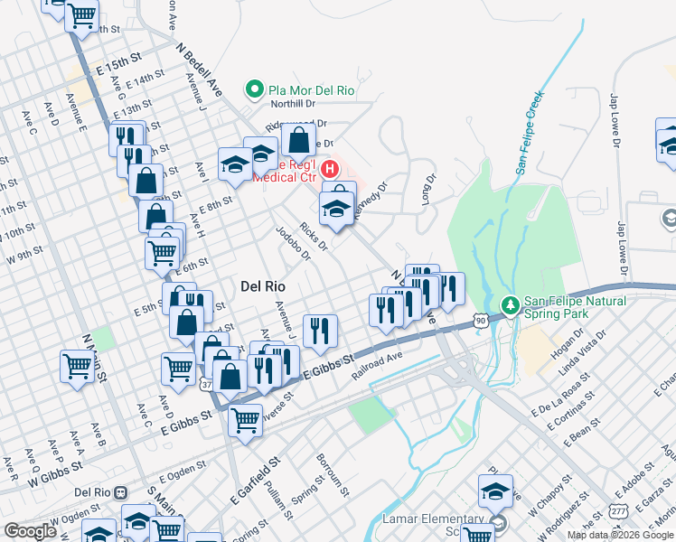 map of restaurants, bars, coffee shops, grocery stores, and more near 105 Jodobo Drive in Del Rio
