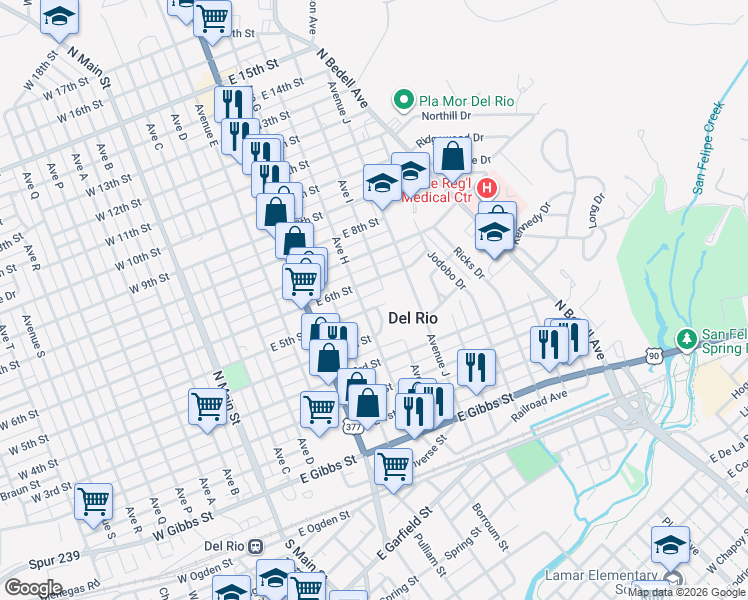 map of restaurants, bars, coffee shops, grocery stores, and more near 704 E 5th St in Del Rio