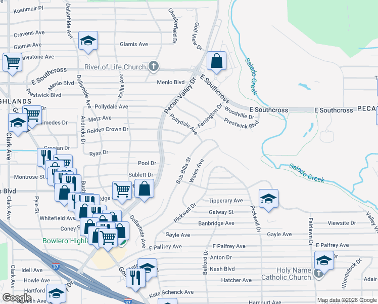 map of restaurants, bars, coffee shops, grocery stores, and more near 3407 Bob Billa Street in San Antonio