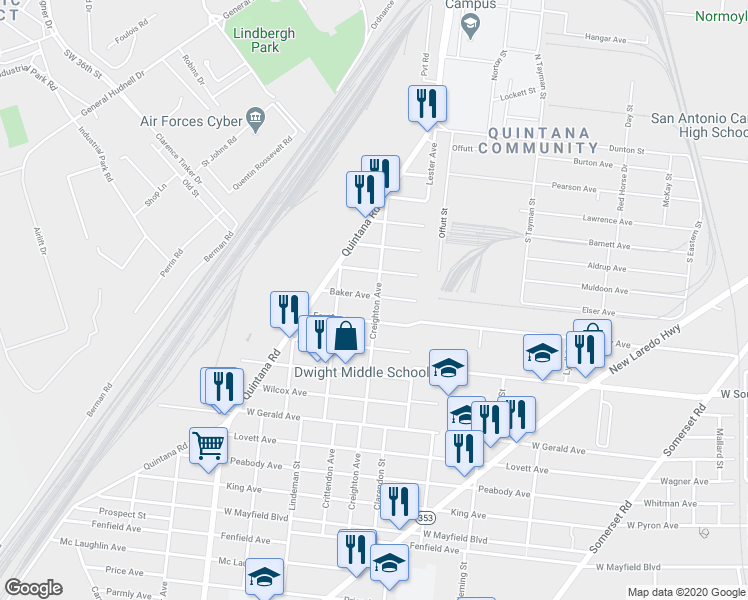 map of restaurants, bars, coffee shops, grocery stores, and more near 238 Baker Avenue in San Antonio