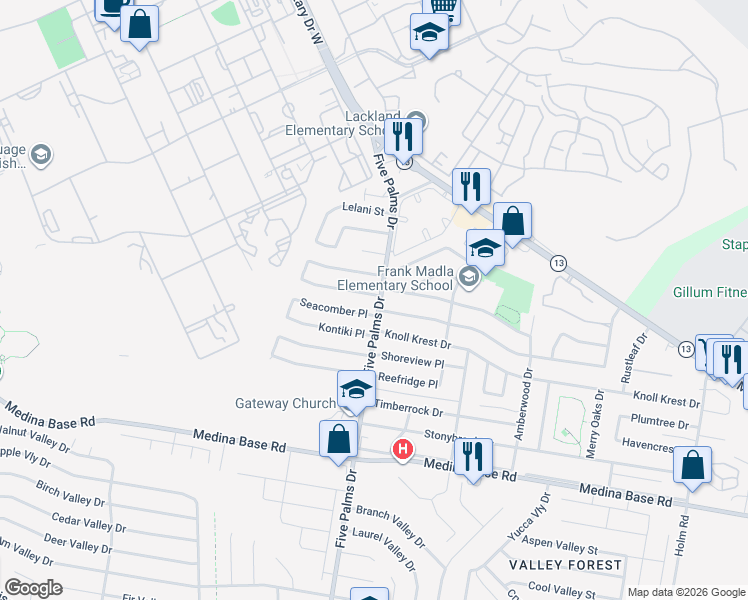 map of restaurants, bars, coffee shops, grocery stores, and more near 102 Wayfarer Place in San Antonio