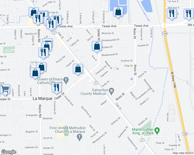 map of restaurants, bars, coffee shops, grocery stores, and more near 924 Cypress in La Marque