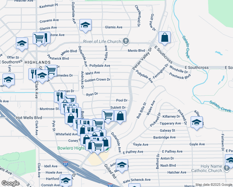 map of restaurants, bars, coffee shops, grocery stores, and more near 306 Ryan Drive in San Antonio