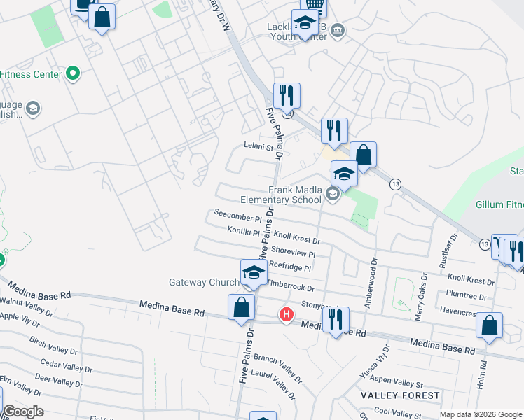 map of restaurants, bars, coffee shops, grocery stores, and more near 102 Wayfarer Place in San Antonio