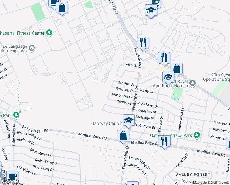 map of restaurants, bars, coffee shops, grocery stores, and more near 151 Seacomber Place in San Antonio