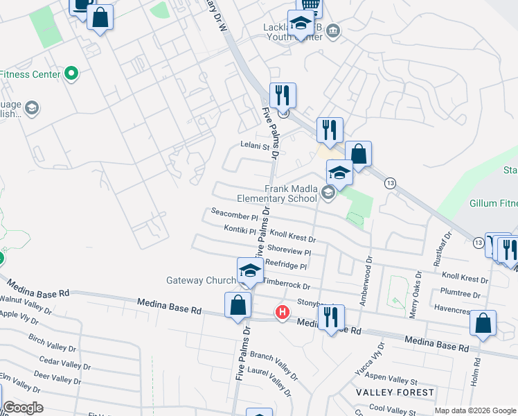 map of restaurants, bars, coffee shops, grocery stores, and more near 102 Wayfarer Place in San Antonio