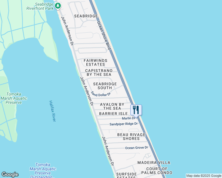 map of restaurants, bars, coffee shops, grocery stores, and more near 37 Sand Dollar Drive in Ormond Beach