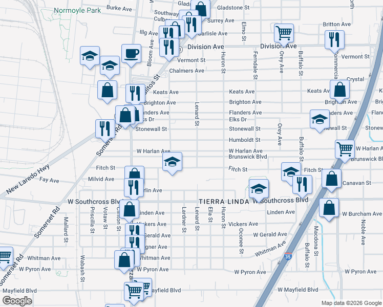 map of restaurants, bars, coffee shops, grocery stores, and more near 1312 West Harlan Avenue in San Antonio