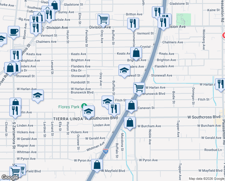 map of restaurants, bars, coffee shops, grocery stores, and more near 902 West Harlan Avenue in San Antonio