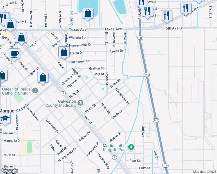 map of restaurants, bars, coffee shops, grocery stores, and more near 324 Elaine Street in La Marque