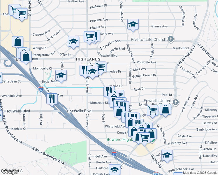map of restaurants, bars, coffee shops, grocery stores, and more near 114 Grecian Drive in San Antonio