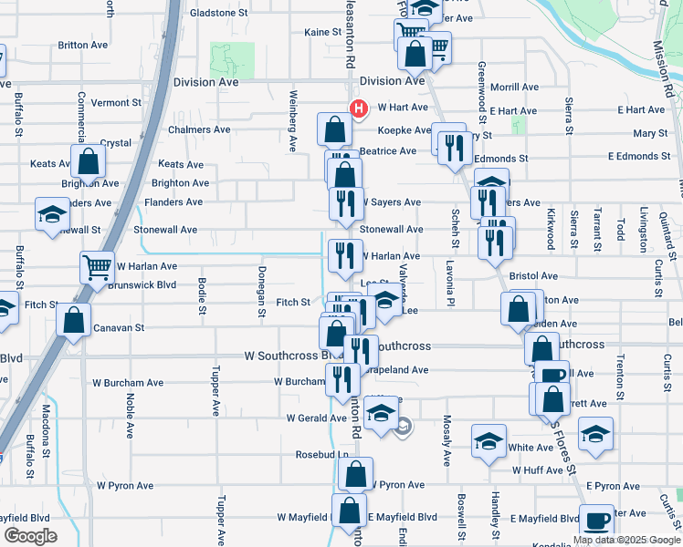 map of restaurants, bars, coffee shops, grocery stores, and more near 1215 Pleasanton Road in San Antonio