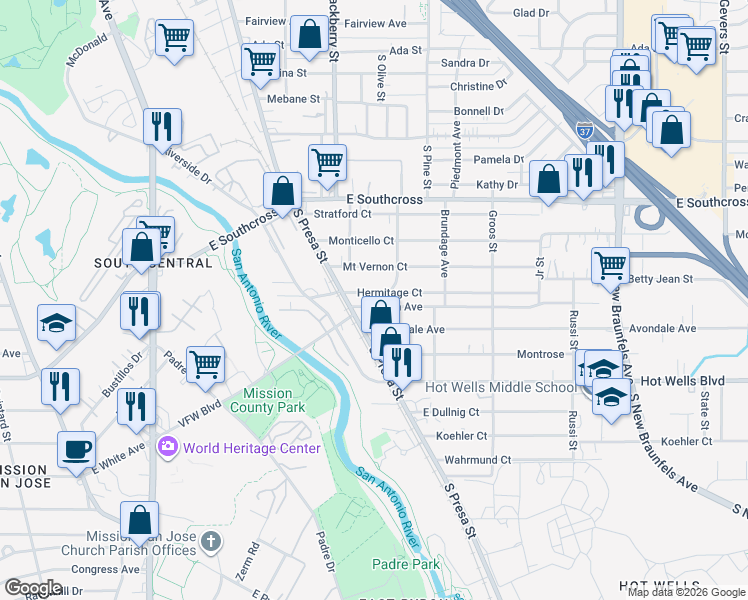 map of restaurants, bars, coffee shops, grocery stores, and more near 1522 Lennon Avenue in San Antonio