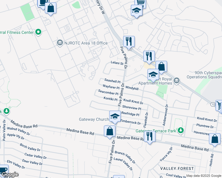 map of restaurants, bars, coffee shops, grocery stores, and more near 127 Seacomber Place in San Antonio