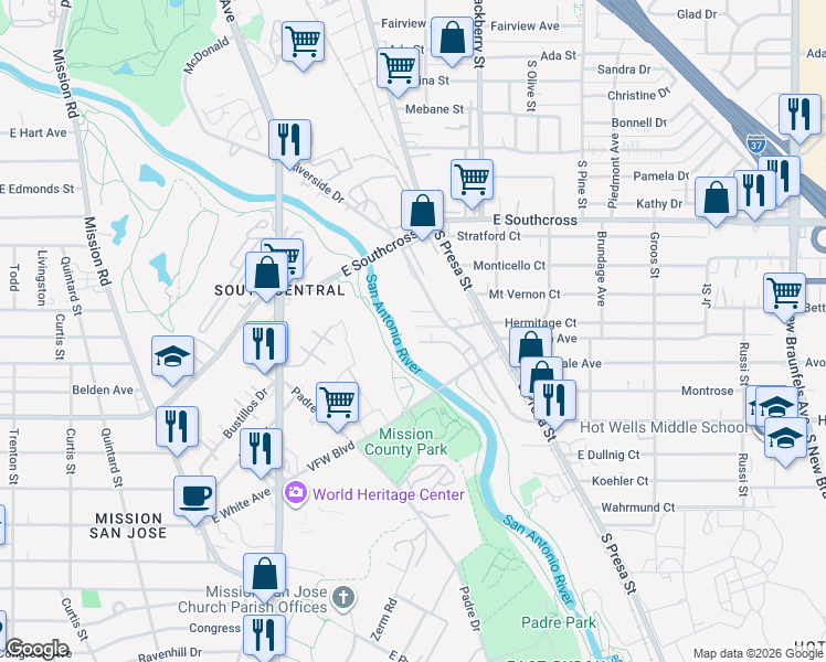 map of restaurants, bars, coffee shops, grocery stores, and more near 222 West Hermitage Court in San Antonio