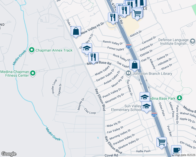 map of restaurants, bars, coffee shops, grocery stores, and more near 159 Garden Valley Street in San Antonio