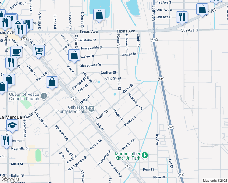 map of restaurants, bars, coffee shops, grocery stores, and more near 324 Elaine Street in La Marque