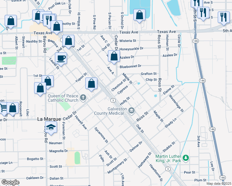 map of restaurants, bars, coffee shops, grocery stores, and more near 924 Cypress in La Marque
