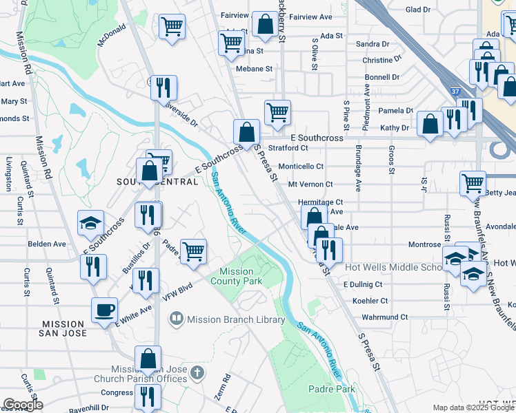 map of restaurants, bars, coffee shops, grocery stores, and more near 206 West Hermitage Court in San Antonio