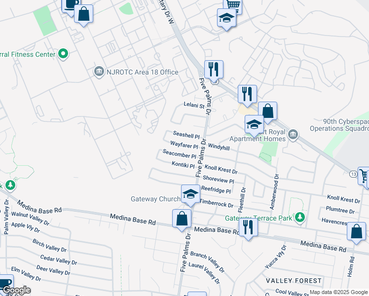 map of restaurants, bars, coffee shops, grocery stores, and more near 127 Seacomber Place in San Antonio