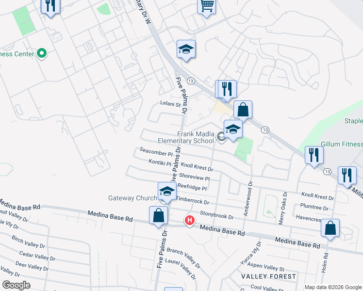 map of restaurants, bars, coffee shops, grocery stores, and more near 6046 Windyhill Drive in San Antonio