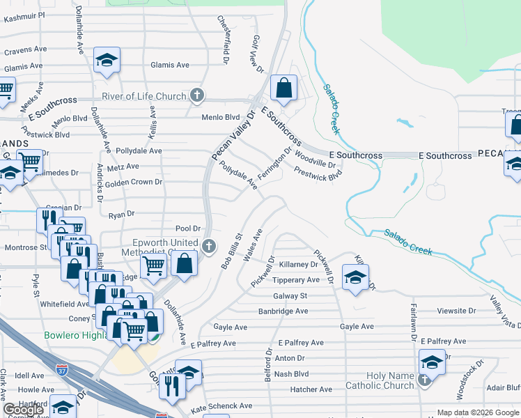 map of restaurants, bars, coffee shops, grocery stores, and more near 5503 Wales Street in San Antonio