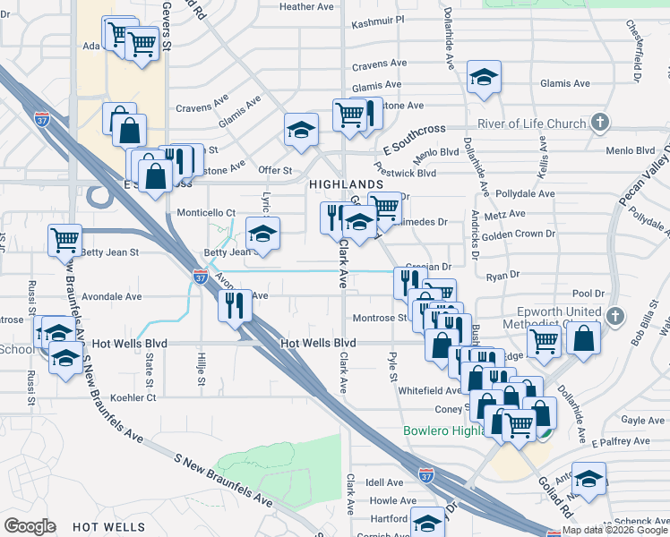 map of restaurants, bars, coffee shops, grocery stores, and more near 4318 Clark Avenue in San Antonio