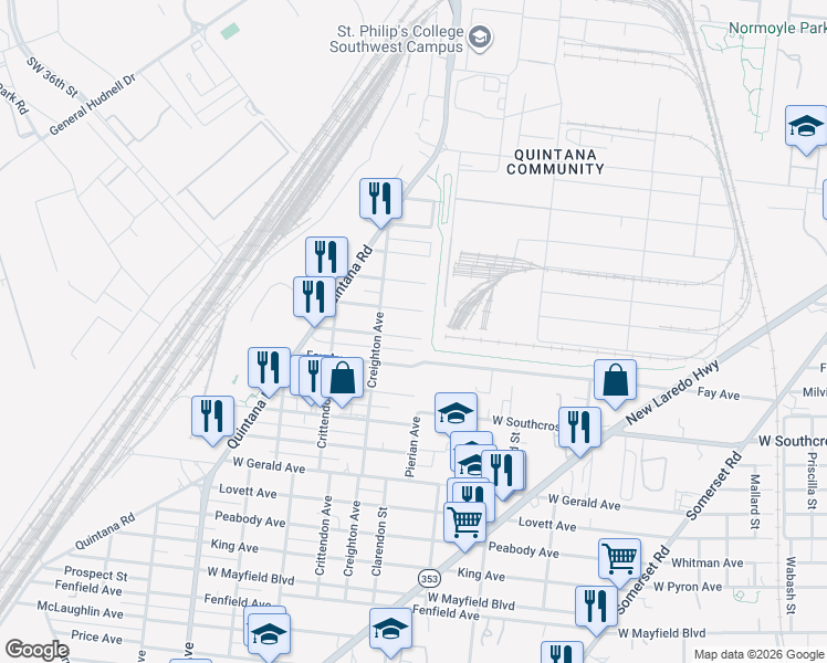 map of restaurants, bars, coffee shops, grocery stores, and more near 330 Baker Avenue in San Antonio