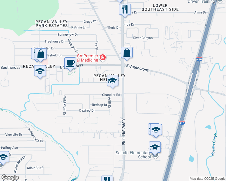 map of restaurants, bars, coffee shops, grocery stores, and more near 4427 Chandler Road in San Antonio