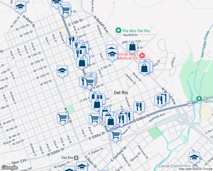 map of restaurants, bars, coffee shops, grocery stores, and more near 704 E 5th St in Del Rio