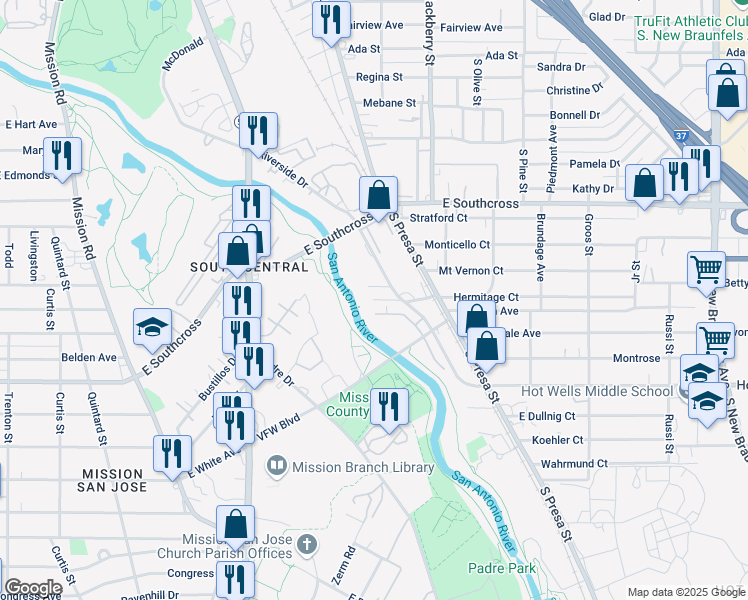 map of restaurants, bars, coffee shops, grocery stores, and more near 255 West Hermitage Court in San Antonio