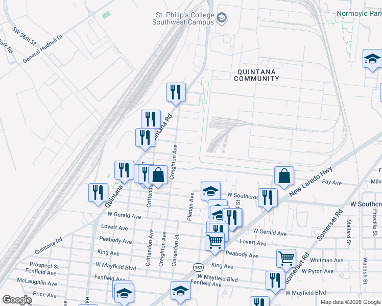map of restaurants, bars, coffee shops, grocery stores, and more near 330 Baker Avenue in San Antonio