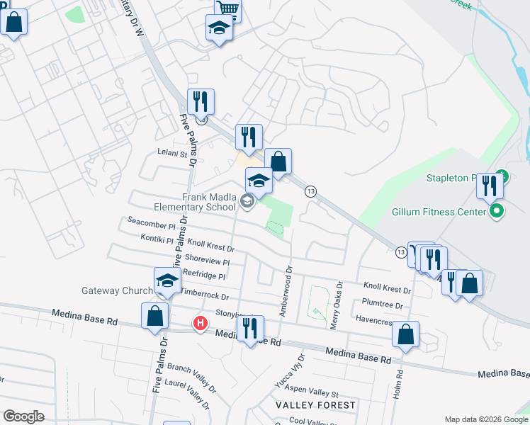 map of restaurants, bars, coffee shops, grocery stores, and more near 6100 Royalgate Drive in San Antonio