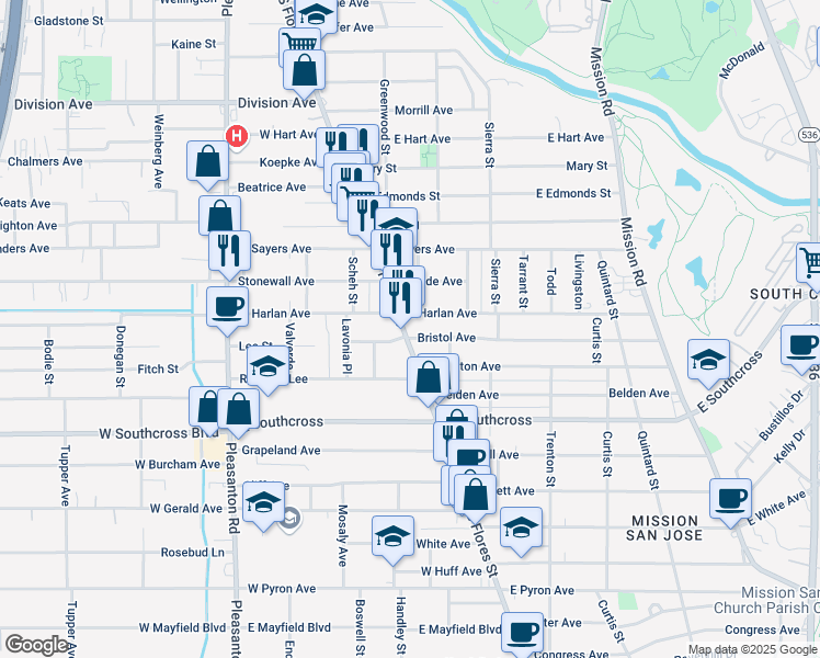 map of restaurants, bars, coffee shops, grocery stores, and more near 5408 South Flores Street in San Antonio