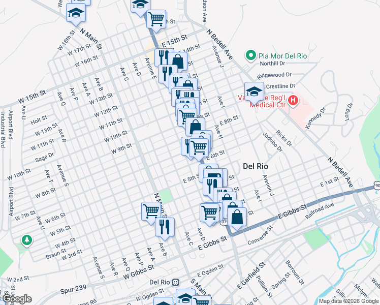 map of restaurants, bars, coffee shops, grocery stores, and more near 806 Avenue East in Del Rio