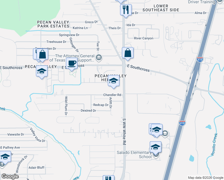 map of restaurants, bars, coffee shops, grocery stores, and more near 4427 Chandler Road in San Antonio
