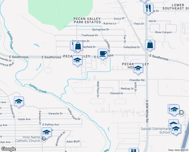 map of restaurants, bars, coffee shops, grocery stores, and more near 4130 Chandler Road in San Antonio