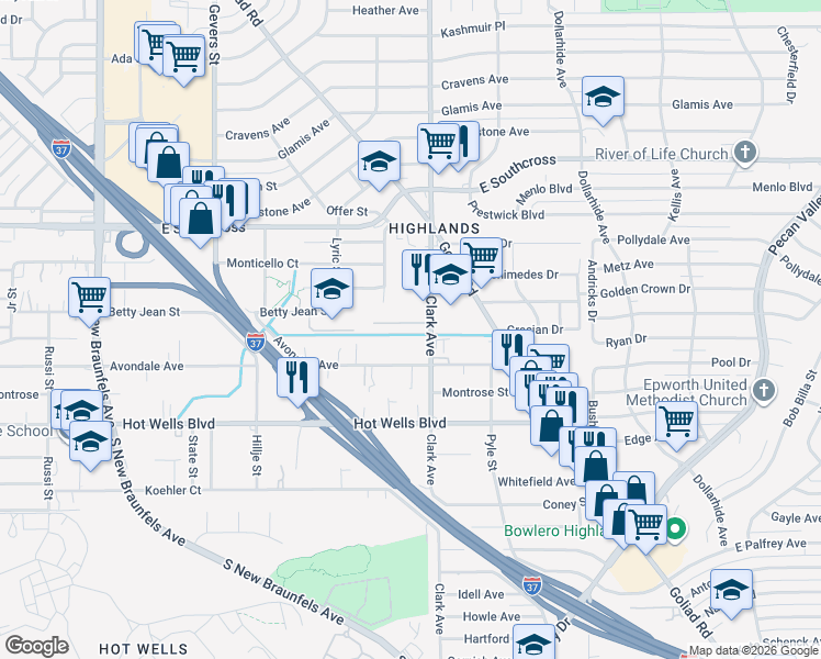 map of restaurants, bars, coffee shops, grocery stores, and more near 851 Avondale Avenue in San Antonio