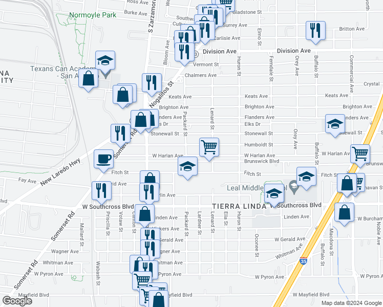 map of restaurants, bars, coffee shops, grocery stores, and more near 1343 West Harlan Avenue in San Antonio